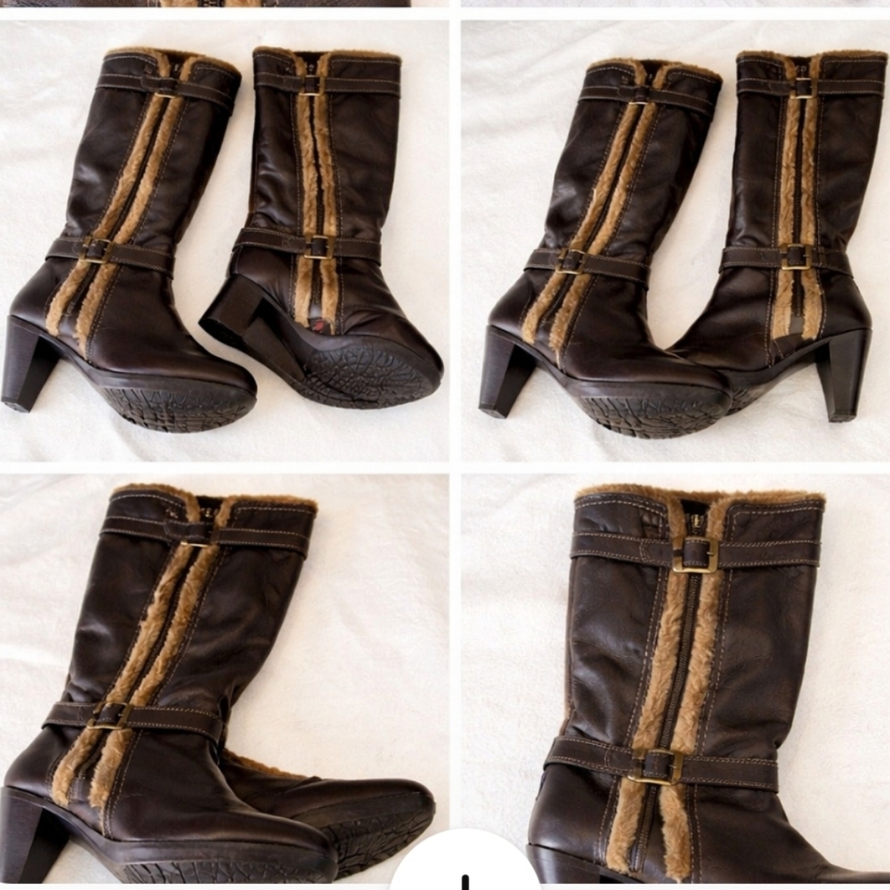 XTI Dark Brown Leather Faux Fur Knee-High Heeled Winter Boots | EU 40 US 9